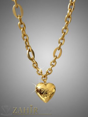 Романтично колие за спомен с 2 лица с надпис и изчистена в 3 размера с отваряща се висулка за снимка - сърце 2,5 см, стомана със златно покритие - K2268